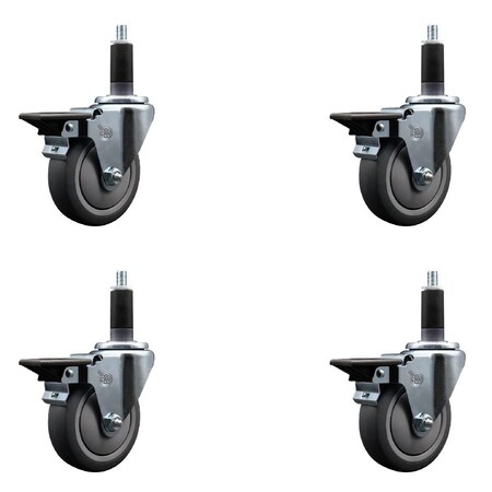Service Caster 4'' Thermoplastic Rubber Swivel 1-1/8'' Expanding Stem Caster Set with Brake, 4PK SCC-EX20S414-TPRB-PLB-118-4